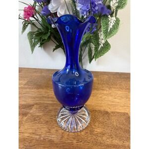 Vintage Cobalt Blue Art Glass Vase Clear Ribbed Base Ruffled Rim